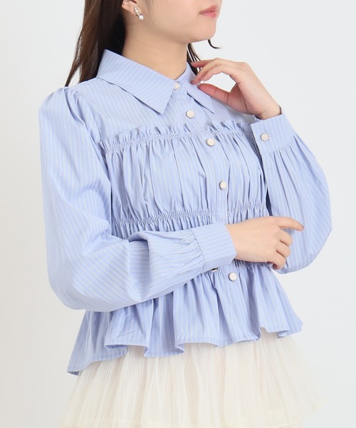 ASTORIA ODIER（アストリアオディール）の「シャーリングクロップドシャツ（シャツ/ブラウス・レディース・アイボリー/サックスブルー・MEDIUM）」の10枚目の写真