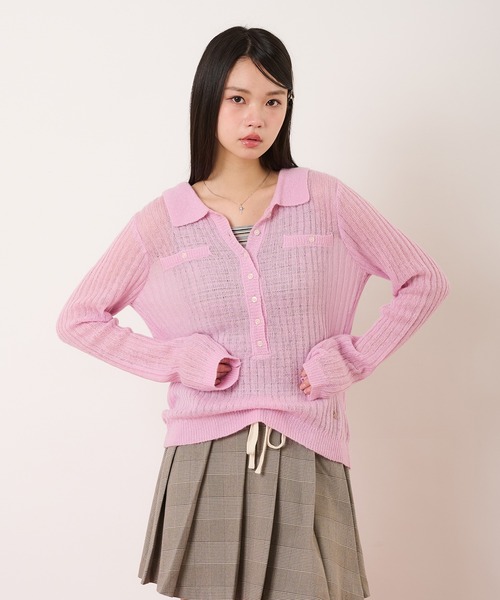 hazyl（ヘイジル）の「sheer knit polo / シアーニットポロ（ニット/セーター・レディース・ピンク/ライトブルー・フリー）」の12枚目の写真