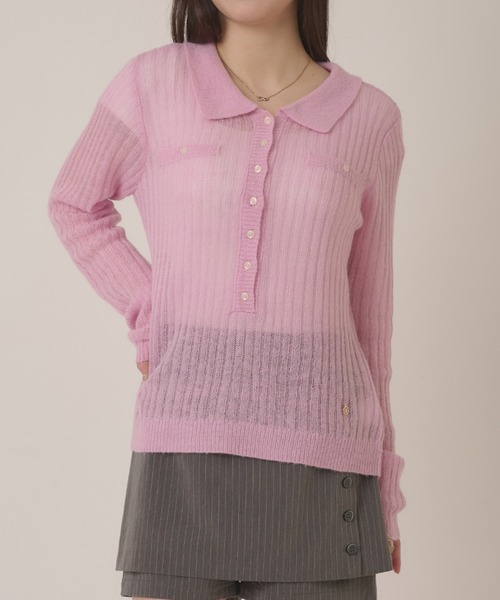 hazyl（ヘイジル）の「sheer knit polo / シアーニットポロ（ニット/セーター・レディース・ピンク/ライトブルー・フリー）」の3枚目の写真