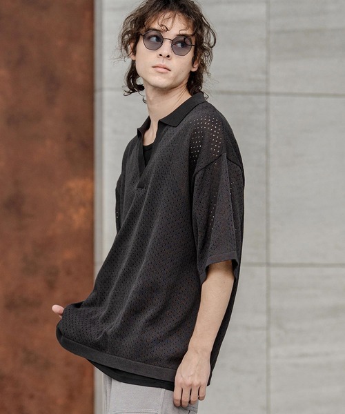 CAMBIO（カンビオ）の「mhs2576-パンチングニットスキッパーポロ（ポロシャツ・メンズ・ネイビー/ブラック/グレー・M/L/XL）」の12枚目の写真