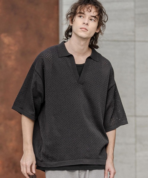 CAMBIO（カンビオ）の「mhs2576-パンチングニットスキッパーポロ（ポロシャツ・メンズ・ネイビー/ブラック/グレー・M/L/XL）」の13枚目の写真