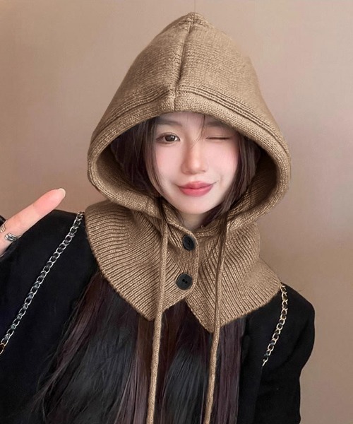Miniministore（ミニミニストア）の「フード付きニットマフラー韓国風バラクラバ（ニットキャップ/ビーニー・レディース・グレー/ブラック/アイボリー/ワインレッド/テラコッタ/ダークベージュ・FREE）」の5枚目の写真