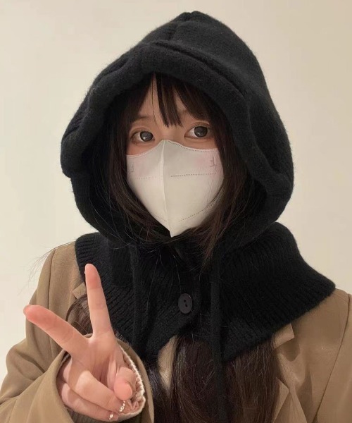 Miniministore（ミニミニストア）の「フード付きニットマフラー韓国風バラクラバ（ニットキャップ/ビーニー・レディース・グレー/ブラック/アイボリー/ワインレッド/テラコッタ/ダークベージュ・FREE）」の3枚目の写真