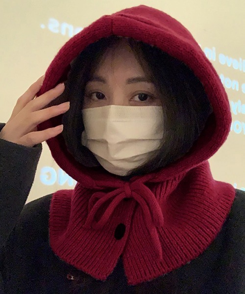 Miniministore（ミニミニストア）の「フード付きニットマフラー韓国風バラクラバ（ニットキャップ/ビーニー・レディース・グレー/ブラック/アイボリー/ワインレッド/テラコッタ/ダークベージュ・FREE）」の6枚目の写真