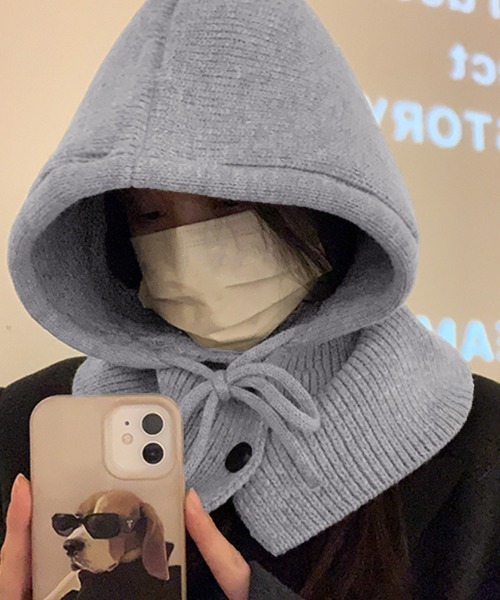 Miniministore（ミニミニストア）の「フード付きニットマフラー韓国風バラクラバ（ニットキャップ/ビーニー・レディース・グレー/ブラック/アイボリー/ワインレッド/テラコッタ/ダークベージュ・FREE）」の7枚目の写真