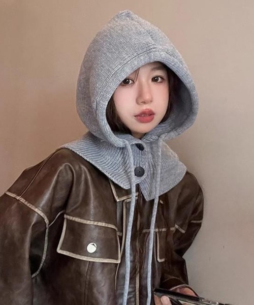 Miniministore（ミニミニストア）の「フード付きニットマフラー韓国風バラクラバ（ニットキャップ/ビーニー・レディース・グレー/ブラック/アイボリー/ワインレッド/テラコッタ/ダークベージュ・FREE）」の8枚目の写真