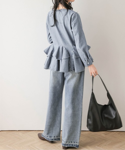CURA CLOSET(キュラ クローゼット)の「【loverara.loverara コラボ】【セットアップ対応】裾ダブルフリルデニムカーディガン/体型カバー(カーディガン/ボレロ・レディース・ブルー/ライトブルー/ブラック系・フリー)」の19枚目の写真