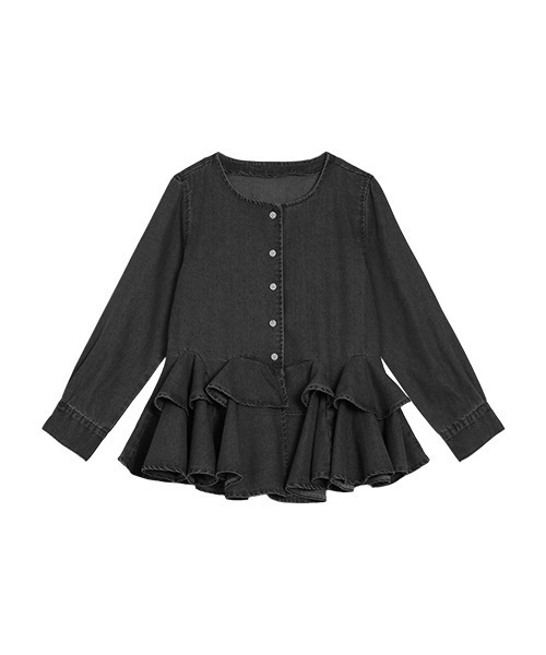 CURA CLOSET(キュラ クローゼット)の「【loverara.loverara コラボ】【セットアップ対応】裾ダブルフリルデニムカーディガン/体型カバー(カーディガン/ボレロ・レディース・ブルー/ライトブルー/ブラック系・フリー)」の16枚目の写真