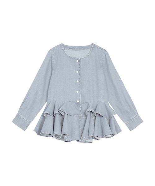 CURA CLOSET(キュラ クローゼット)の「【loverara.loverara コラボ】【セットアップ対応】裾ダブルフリルデニムカーディガン/体型カバー(カーディガン/ボレロ・レディース・ブルー/ライトブルー/ブラック系・フリー)」の14枚目の写真