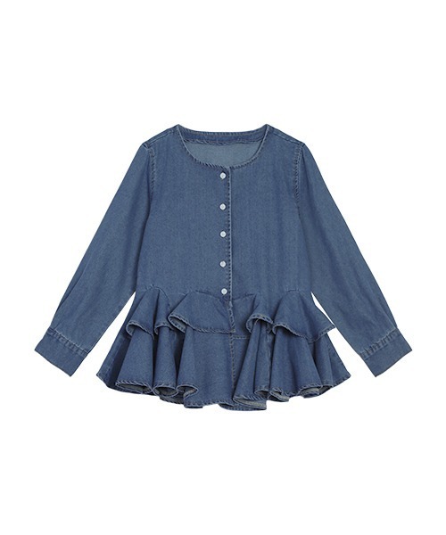 CURA CLOSET(キュラ クローゼット)の「【loverara.loverara コラボ】【セットアップ対応】裾ダブルフリルデニムカーディガン/体型カバー(カーディガン/ボレロ・レディース・ブルー/ライトブルー/ブラック系・フリー)」の15枚目の写真