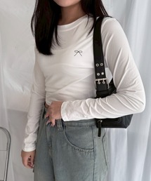 ワンポイントリボンショート丈ロンT/長袖Tシャツ