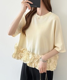 どこから見ても大人可愛い フリルヘムカットソー フリルトップス 半袖 フリル カットソー Tシャツ クルーネック 裾フリル ドッキング 春服 夏服