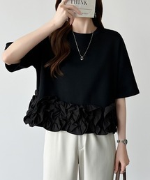 どこから見ても大人可愛い フリルヘムカットソー フリルトップス 半袖 フリル カットソー Tシャツ クルーネック 裾フリル ドッキング 春服 夏服
