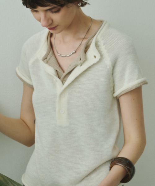 Plumel(プルメル)の「French Sleeve Knit T / フレンチスリーブニットTEE(ニット/セーター・レディース・ベージュ/ダークブラウン/アイボリー・MEDIUM)」の1枚目の写真