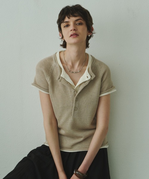 Plumel(プルメル)の「French Sleeve Knit T / フレンチスリーブニットTEE(ニット/セーター・レディース・ベージュ/ダークブラウン/アイボリー・MEDIUM)」の4枚目の写真