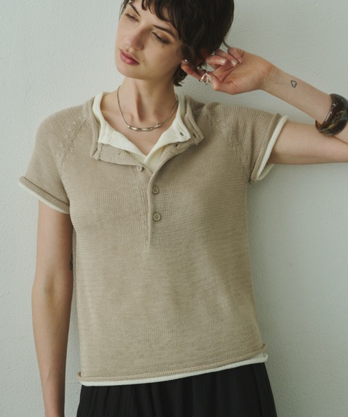 Plumel(プルメル)の「French Sleeve Knit T / フレンチスリーブニットTEE(ニット/セーター・レディース・ベージュ/ダークブラウン/アイボリー・MEDIUM)」の8枚目の写真