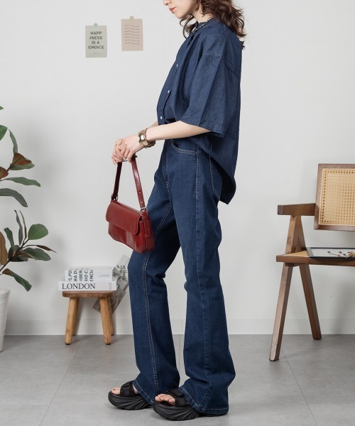 RCD(アールシーディー)の「エアリーデニムスタンドカラーシャツ(シャツ/ブラウス・レディース・ネイビー/ワンウォッシュ・M-L/LL~3L/4L~5L)」の4枚目の写真