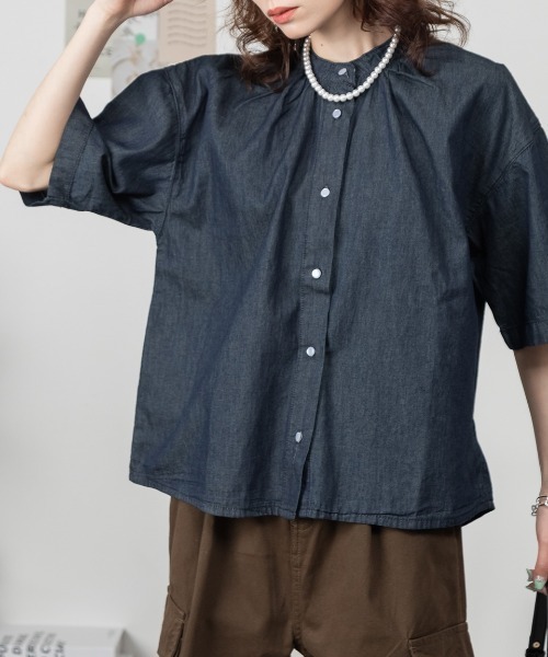 RCD(アールシーディー)の「エアリーデニムスタンドカラーシャツ(シャツ/ブラウス・レディース・ネイビー/ワンウォッシュ・M-L/LL~3L/4L~5L)」の14枚目の写真