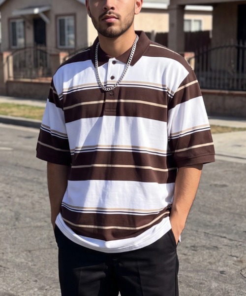 Cal Top(キャルトップ)の「【T19】【Cal Top/キャルトップ】STRIPE POLO SHIRTS(ポロシャツ・メンズ・ブラウン/ブラック/チャコールグレー・SMALL/MEDIUM/LARGE/X-LARGE)」の3枚目の写真