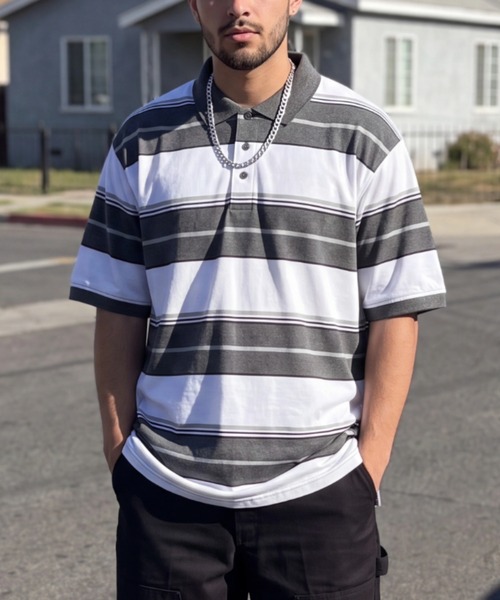 Cal Top(キャルトップ)の「【T19】【Cal Top/キャルトップ】STRIPE POLO SHIRTS(ポロシャツ・メンズ・ブラウン/ブラック/チャコールグレー・SMALL/MEDIUM/LARGE/X-LARGE)」の1枚目の写真