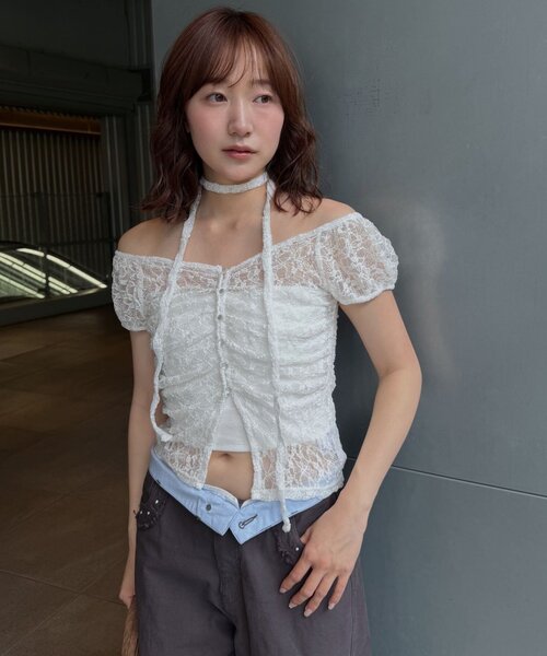 mline（エムライン）の「[mline]フレンチギャザーレース チョーカートップス（Tシャツ/カットソー・レディース・ブラック/アイボリー/オフホワイト/ピンク/カーキ・FREE）」の2枚目の写真