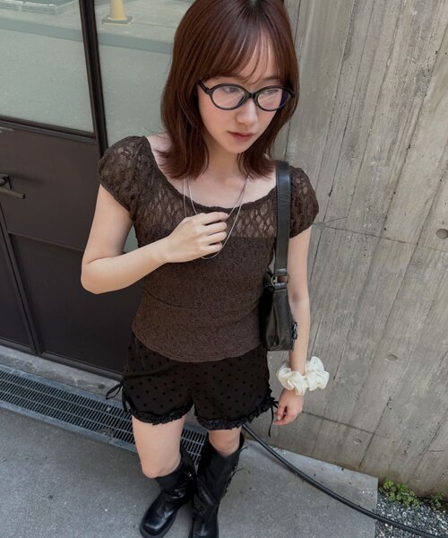 mline（エムライン）の「[mline]フレンチギャザーレース チョーカートップス（Tシャツ/カットソー・レディース・ブラック/アイボリー/オフホワイト/ピンク/カーキ・FREE）」の5枚目の写真