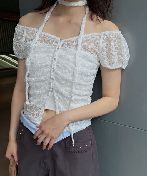 mline（エムライン）の「[mline]フレンチギャザーレース チョーカートップス（Tシャツ/カットソー・レディース・ブラック/アイボリー/オフホワイト/ピンク/カーキ・FREE）」の21枚目の写真