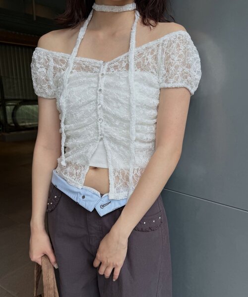 mline（エムライン）の「[mline]フレンチギャザーレース チョーカートップス（Tシャツ/カットソー・レディース・ブラック/アイボリー/オフホワイト/ピンク/カーキ・FREE）」の22枚目の写真