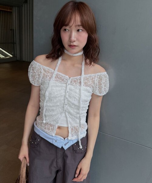 mline（エムライン）の「[mline]フレンチギャザーレース チョーカートップス（Tシャツ/カットソー・レディース・ブラック/アイボリー/オフホワイト/ピンク/カーキ・FREE）」の9枚目の写真