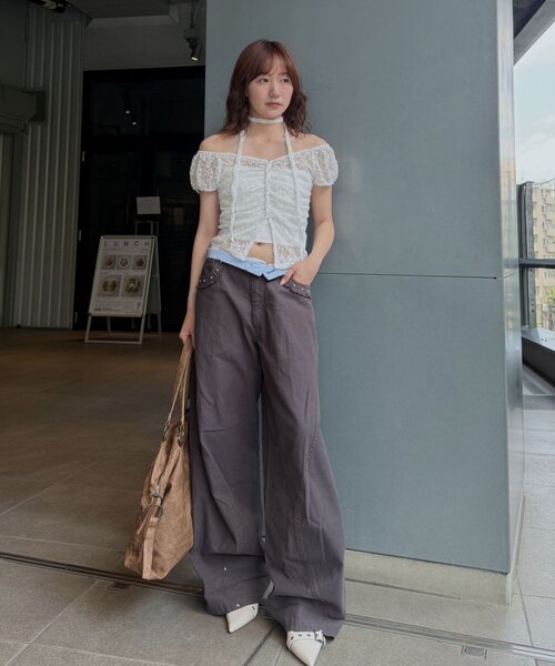 mline（エムライン）の「[mline]フレンチギャザーレース チョーカートップス（Tシャツ/カットソー・レディース・ブラック/アイボリー/オフホワイト/ピンク/カーキ・FREE）」の11枚目の写真