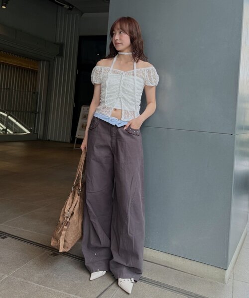 mline（エムライン）の「[mline]フレンチギャザーレース チョーカートップス（Tシャツ/カットソー・レディース・ブラック/アイボリー/オフホワイト/ピンク/カーキ・FREE）」の12枚目の写真