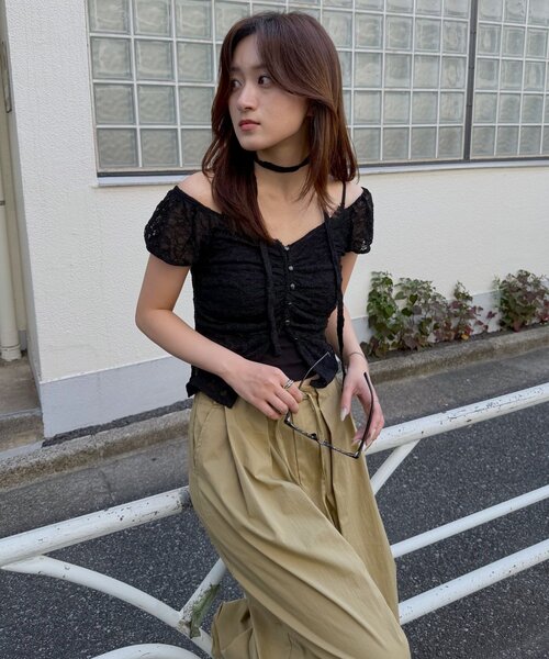 mline（エムライン）の「[mline]フレンチギャザーレース チョーカートップス（Tシャツ/カットソー・レディース・ブラック/アイボリー/オフホワイト/ピンク/カーキ・FREE）」の19枚目の写真