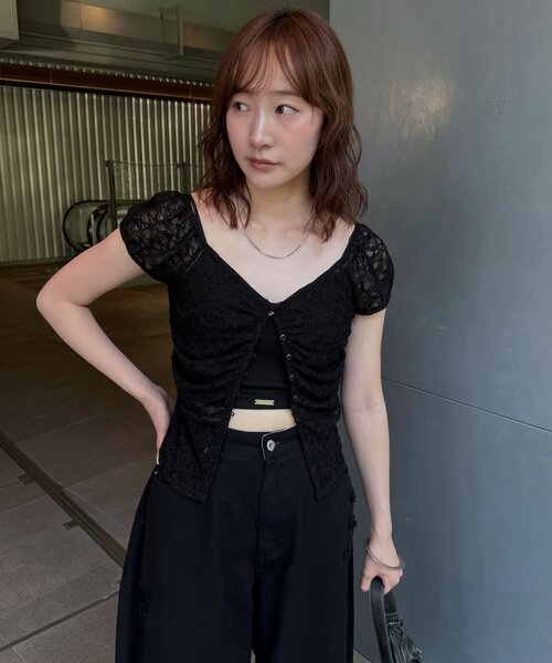 mline（エムライン）の「[mline]フレンチギャザーレース チョーカートップス（Tシャツ/カットソー・レディース・ブラック/アイボリー/オフホワイト/ピンク/カーキ・FREE）」の22枚目の写真