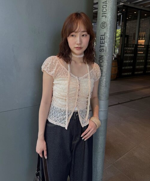 mline（エムライン）の「[mline]フレンチギャザーレース チョーカートップス（Tシャツ/カットソー・レディース・ブラック/アイボリー/オフホワイト/ピンク/カーキ・FREE）」の17枚目の写真