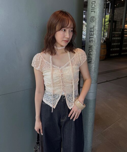 mline（エムライン）の「[mline]フレンチギャザーレース チョーカートップス（Tシャツ/カットソー・レディース・ブラック/アイボリー/オフホワイト/ピンク/カーキ・FREE）」の18枚目の写真