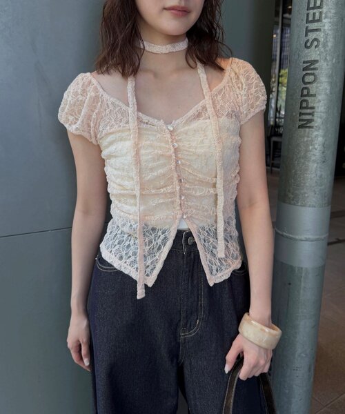 mline（エムライン）の「[mline]フレンチギャザーレース チョーカートップス（Tシャツ/カットソー・レディース・ブラック/アイボリー/オフホワイト/ピンク/カーキ・FREE）」の19枚目の写真