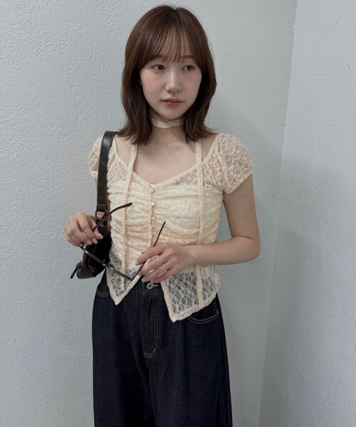 mline（エムライン）の「[mline]フレンチギャザーレース チョーカートップス（Tシャツ/カットソー・レディース・ブラック/アイボリー/オフホワイト/ピンク/カーキ・FREE）」の12枚目の写真
