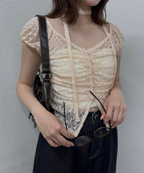 mline（エムライン）の「[mline]フレンチギャザーレース チョーカートップス（Tシャツ/カットソー・レディース・ブラック/アイボリー/オフホワイト/ピンク/カーキ・FREE）」の11枚目の写真