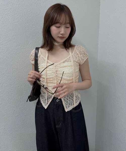 mline（エムライン）の「[mline]フレンチギャザーレース チョーカートップス（Tシャツ/カットソー・レディース・ブラック/アイボリー/オフホワイト/ピンク/カーキ・FREE）」の9枚目の写真