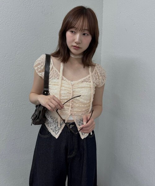 mline（エムライン）の「[mline]フレンチギャザーレース チョーカートップス（Tシャツ/カットソー・レディース・ブラック/アイボリー/オフホワイト/ピンク/カーキ・FREE）」の8枚目の写真
