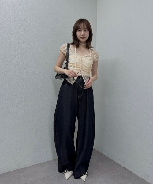 mline（エムライン）の「[mline]フレンチギャザーレース チョーカートップス（Tシャツ/カットソー・レディース・ブラック/アイボリー/オフホワイト/ピンク/カーキ・FREE）」の7枚目の写真