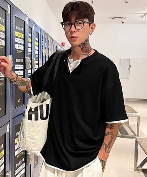 NOWLE（ノウル）の「【NOWLE】フェイクツーピース ヘンリーネック半袖 Tシャツ / スマートリラックス レイヤード トップス（Tシャツ/カットソー・メンズ・グレー/ブラック・LARGE/MEDIUM/X-LARGE）」の4枚目の写真