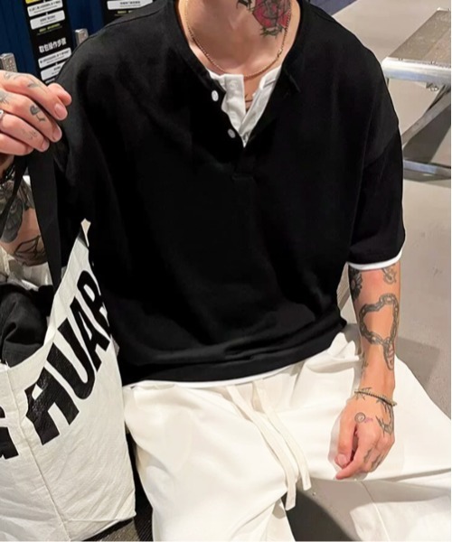 NOWLE（ノウル）の「【NOWLE】フェイクツーピース ヘンリーネック半袖 Tシャツ / スマートリラックス レイヤード トップス（Tシャツ/カットソー・メンズ・グレー/ブラック・LARGE/MEDIUM/X-LARGE）」の5枚目の写真