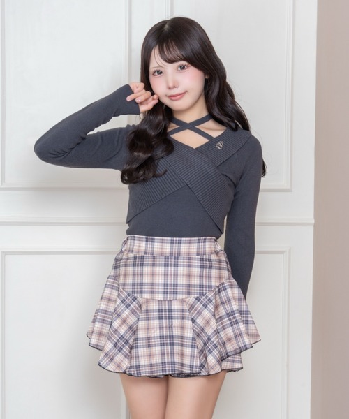 Mejoul(メジュール)の「【2026秋冬新作】ビジューブローチ付き クロスオフショルホルターリボンリブニットトップス(Tシャツ/カットソー・レディース・グレー/ライトブルー/アイボリー・F)」の5枚目の写真