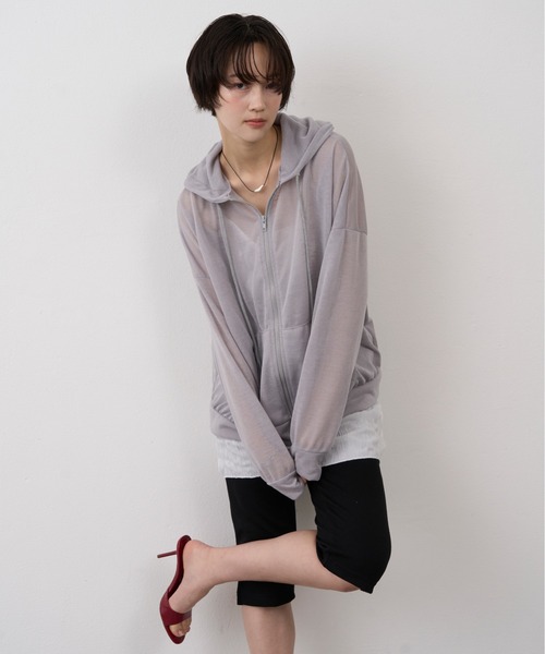 NUJOH（ヌゾ）の「Sheer Zip Hoodie / シアージップフードパーカー（パーカー・レディース・グレー/ホワイト/ブラック・FREE）」の14枚目の写真