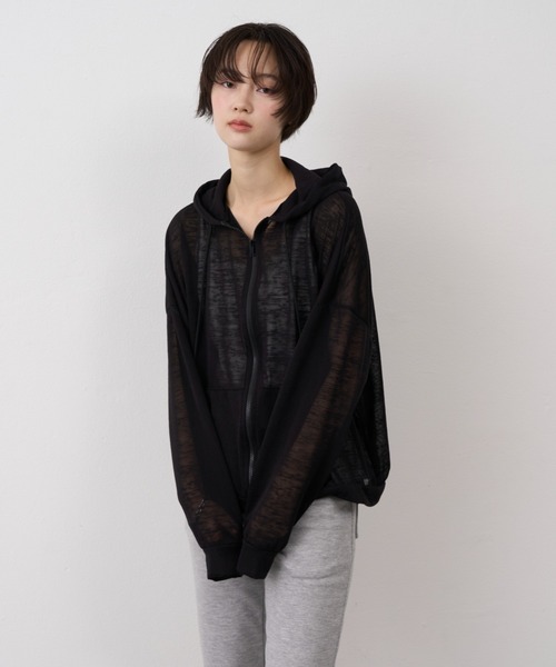 NUJOH（ヌゾ）の「Sheer Zip Hoodie / シアージップフードパーカー（パーカー・レディース・グレー/ホワイト/ブラック・FREE）」の5枚目の写真