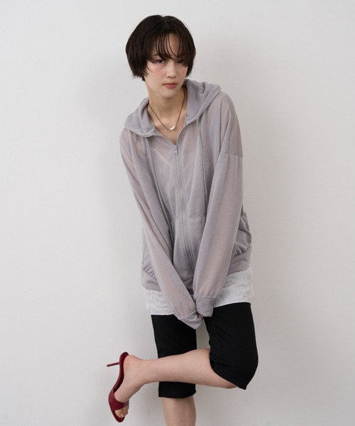 NUJOH（ヌゾ）の「Sheer Zip Hoodie / シアージップフードパーカー（パーカー・レディース・グレー/ホワイト/ブラック・FREE）」の4枚目の写真