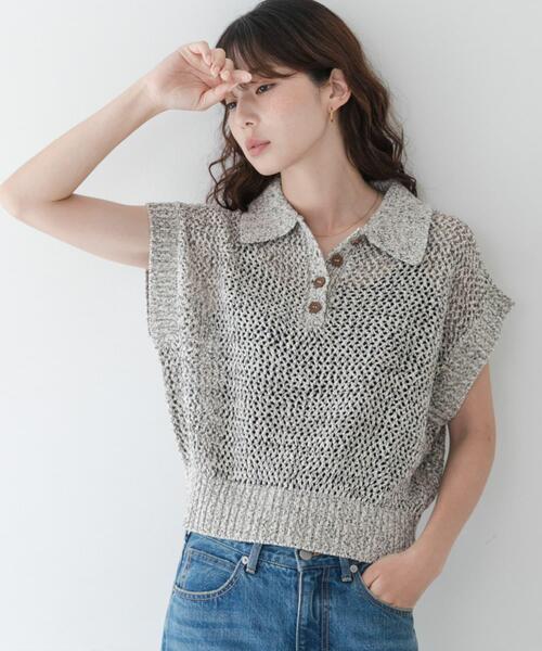 URBAN RESEARCH Sonny Label（アーバンリサーチサニーレーベル）の「襟付きメッシュニットプルオーバー（ニット/セーター・レディース・ベージュ/チャコールグレー・FREE）」の4枚目の写真