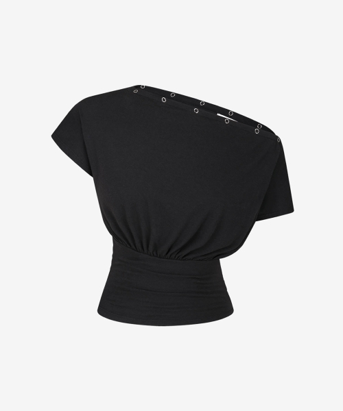 LIE MEQUE(リメーク)の「アンバランススナップドレープトップ ブラック(Tシャツ/カットソー・レディース・ブラック・FREE)」の2枚目の写真