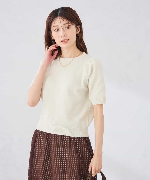 a.v.v(アーヴェヴェ)の「ラメベロアモールヤーンハーフスリーブトップス(ニット/セーター・レディース・アイボリー/ブラック・39)」の5枚目の写真